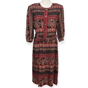 Breli Originals Vintage Paisley Print Pleated 70s Prairie Dress with Belt NWOT